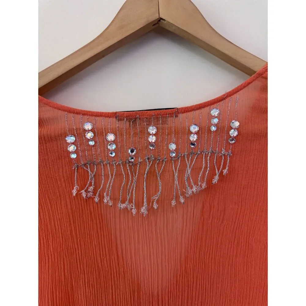 BCBGMaxAzria Orange Silk Chiffon V-Neck Blouse with Sequins Detail Size Large - Picture 5 of 6